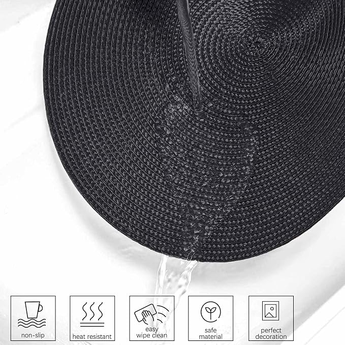AHHFSMEI Round Braided Placemats 15 Inch Round Table Mats for Dining Tables Natural Woven Heat Resistant Place mats Set of 4 (Black,4)