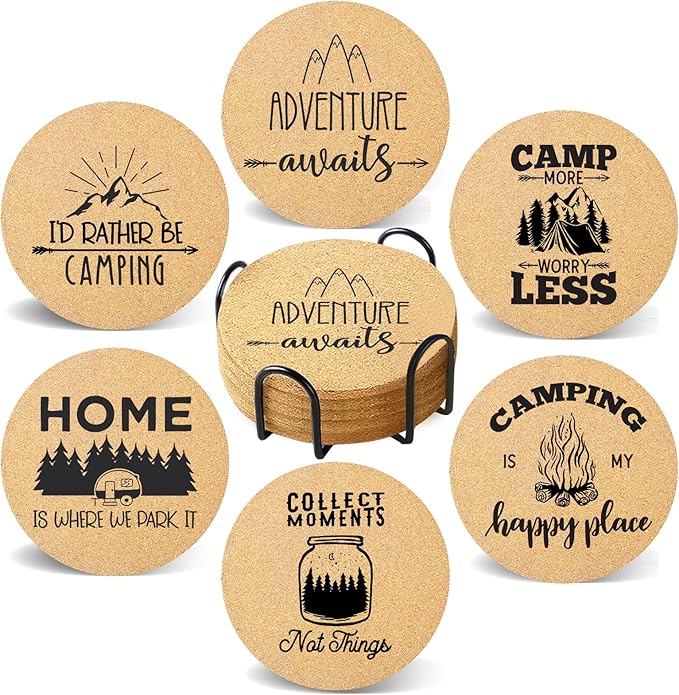 Coasters for Drinks with Holder Set of 6, Camping Coaster Absorbent Cork Wood for Cup Desk Office Table Kitchen Decor House Warming Gifts for New Home Couples, Round 4"
