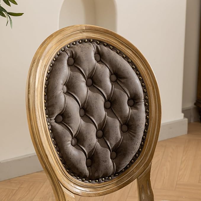 Ball & Cast French Vintage Upholstered Dining Chairs Set of 2, Button Tufted Kitchen Side-Chairs with Carved Antique Wood Frame & Nailhead Trims, PU-Leather Curved Backrest Louis Chair, PU Brown