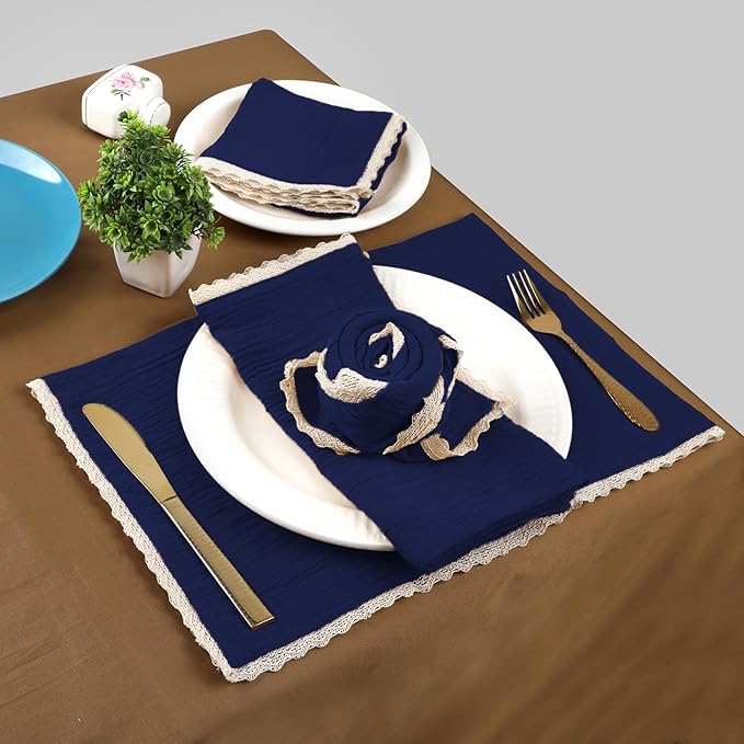 FINGERCRAFT Dinner Cloth Napkin Cotton Muslin Double Gauze 12 Pack with Classic Lace for Everyday Use, Wedding, Christmas, Easter Napkins Cloth are Pre Shrunk and Good Absorbency Bellwether Blue