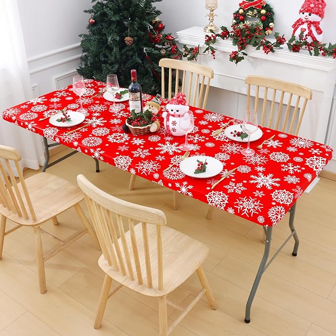 Smiry Plastic Christmas Tablecloth, Snowflake Waterproof Elastic Fitted Table Covers, Wipeable Flannel Backed Vinyl Tablecloths for Christmas Dinner, and New Year Celebration (Red, 30x72 Inches)