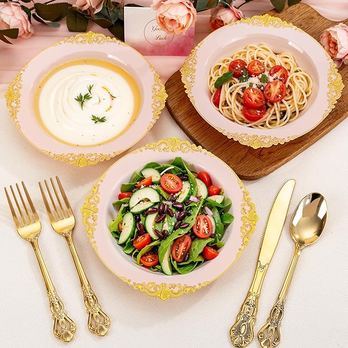 100PCS Pink Plastic Bowls - 12 oz Pink Gold Disposable Salad Bowls - Heavy Duty Disposable Soup Bowl - Fancy Plastic Ice Cream Bowl for Weddings Valentine's Day Parties Dinners Picnics
