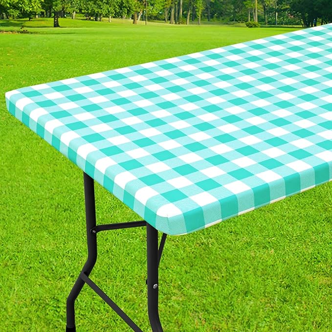 Smiry Rectangle Picnic Table Cloth, Elastic Waterproof Fitted Vinyl Tablecloths, Flannel Backed Buffalo Plaid Table Covers for Dining, Camping, Outdoor (White and Teal, 30" x 96")