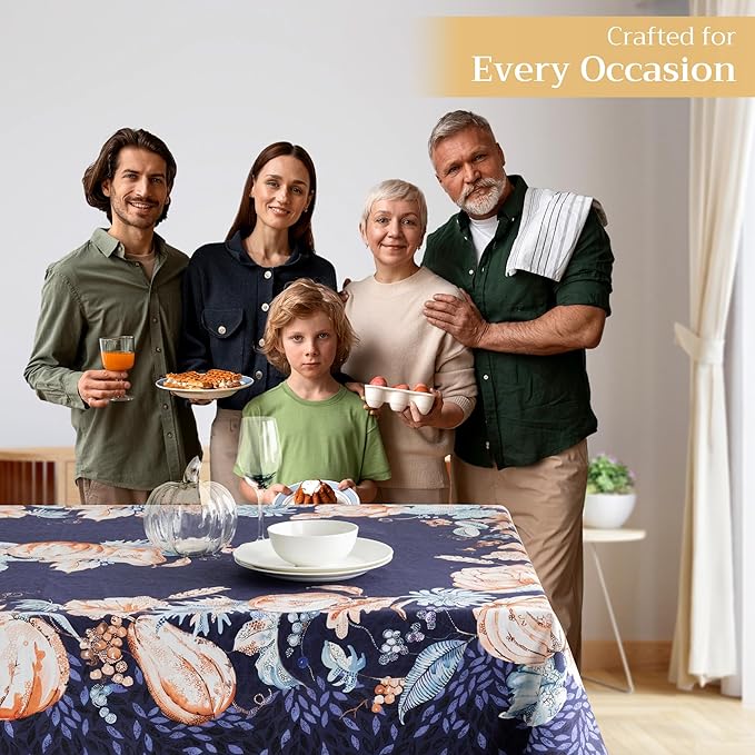 Maison d' Hermine Table Cloth Rectangle Table 100% Cotton 70 x 108 Inches Fall Tablecloth Reusable Everyday Use for Thanksgiving Christmas Decorations Dining Farmhouse Party (Pumpkin Blues)