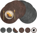 Round Placemats and Coasters Set of 6, Washable Reversible Faux Leather Placemats Cowhide Pattern Place Mats Wipeable Non-Slip 15 inch Round Kitchen Dining Table Mats (Gray Dark Coffee, 6)
