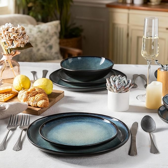 AmorArc Ceramic Dinnerware Sets,Handmade Reactive Glaze Stoneware Plates and Bowls Set,Highly Chip and Crack Resistant | Dishwasher & Microwave Safe Dishes Set,Service for 8 (24pc)