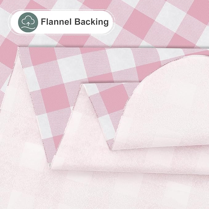 misaya Rectangle Waterproof Vinyl Table Cloth, Buffalo Flannel Backed Tablecloth, Wipeable Plastic Table Cover for Valentine's Day, Dinner, Kitchen, Outdoor (60" x 102", Pink and White)