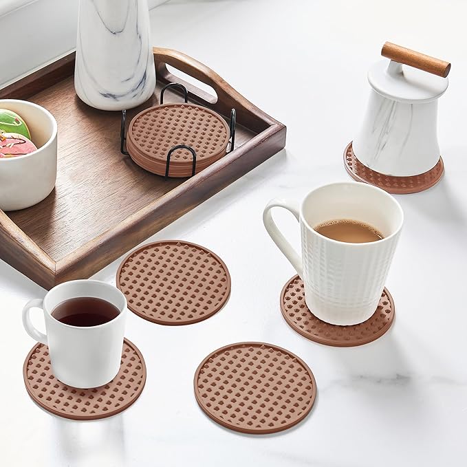Coasters for Drinks, Silicone Coasters Set of 16 with Metal Holder, Outdoor Coaster for Coffee Table, Non-Slip Rubber Table Cup Mat Desk, Heat Resistant & Scratch-Proof (Tawny)