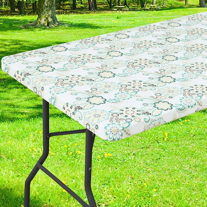 Smiry Rectangle Table Cloth Cover, Waterproof Elastic Fitted Picnic Tablecloth for 4 Foot Tables, Wipeable Flannel Backed Vinyl Tablecloths for Camping, Dining, Outdoor (Teal & White, 24" x 48")