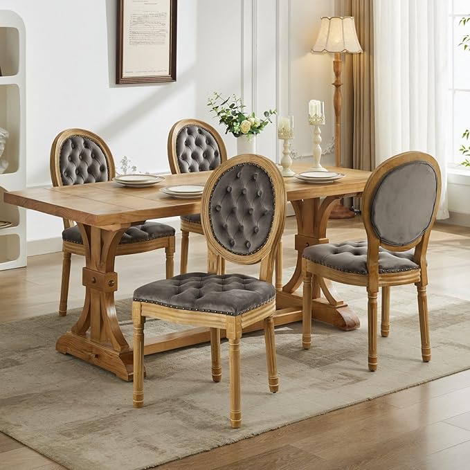 Vintage French Dining Chairs Set of 6, Round Back Velvet Upholstered Accent Chairs with Nailhead Trim and Solid Wood Frame, Elegant Sillas de Comedor for Dining Room & Kitchen, Gray