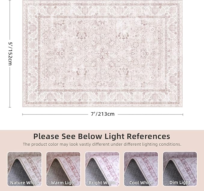 Pink Area Rugs 5x7 Nursery Rug for Baby Girl Neutral Floral Area Rug for Living Room, Vintage Boho Washable Rug Indoor Carpet for Bedroom Dining Room