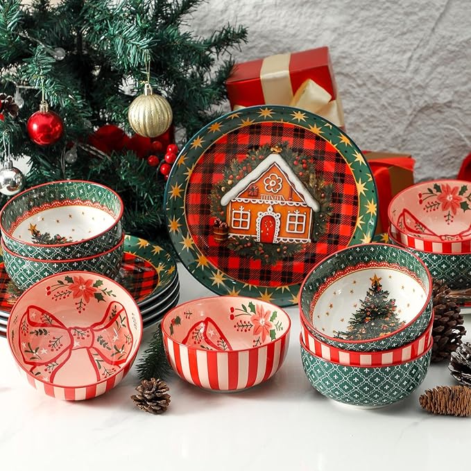 Ceramic Dinner Plates Set of 6,Stoneware 10 Inch,Microwave,Dishwasher and Oven Safe,Porcelain Dessert Plates for Steak,Dishes Set for Kitchen,New Year Gift,Scratch Resistant,Christmas