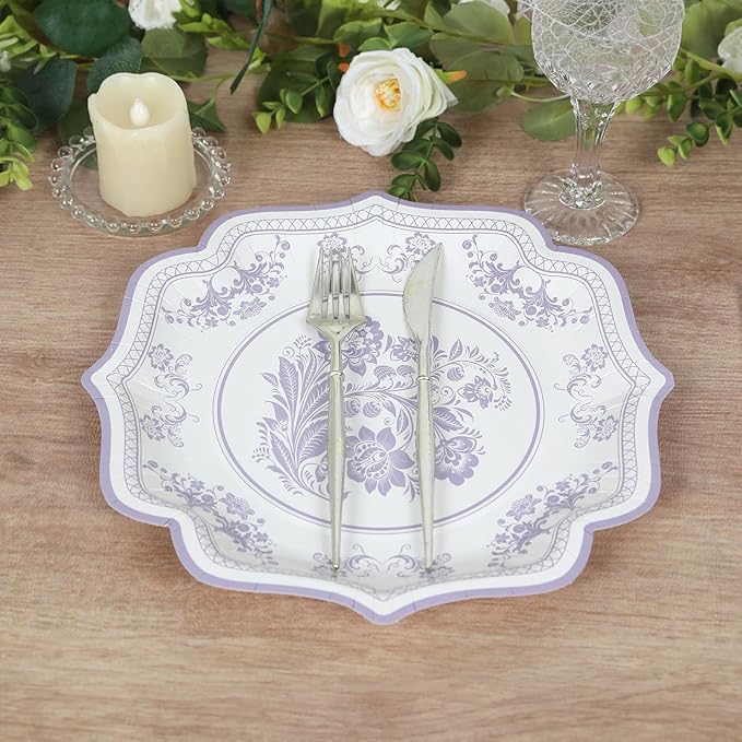 50 Pack 10" White Lavender Lilac French Toile Dinner Plates, Disposable Round Paper Party Plates 300 GSM for Festive Table Decoration