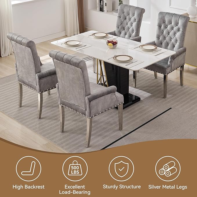 Velvet Dining Chair with Arms, Upholstered Tufted High Back Dining Room Chairs, Accent Armchair with Chrome Leg and Nailhead Trim, Kitchen Dining Living Room, Grey