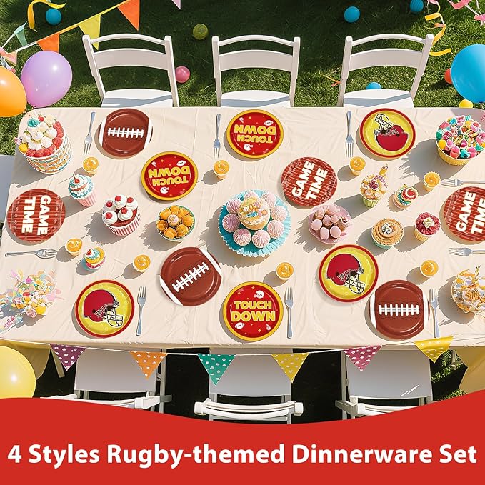 Greencain 60Pcs Chiefs Football Paper Plates Red and Gold Football Paper Plates American Rugby Touchdown Disposable Tableware for Tailgate Sports Birthday Party Supplies Decorations