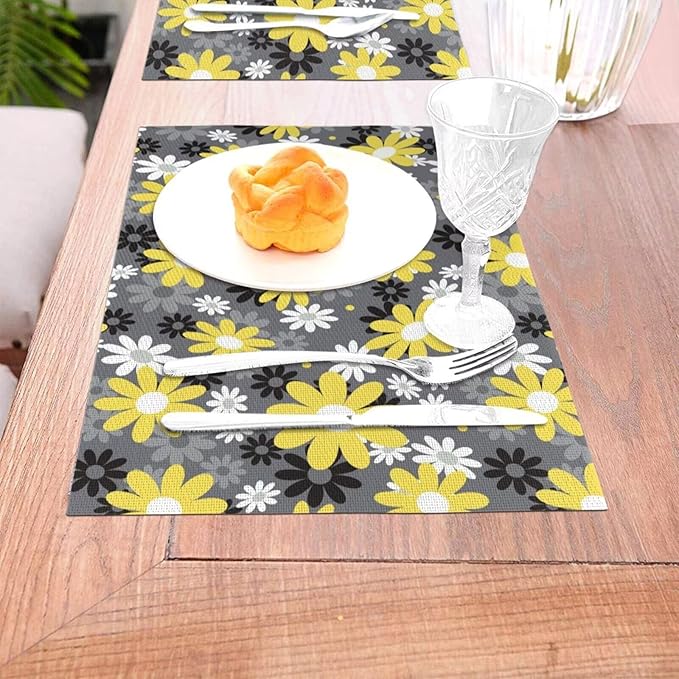 Placemats Set of 4 Vintage Daisy Place Mats Abstract White Yellow Floral Woven Table Mats Washable Black Grey PVC Placemat for Dining Kitchen Decor Indoor Outdoor, 12 x 18 Inch