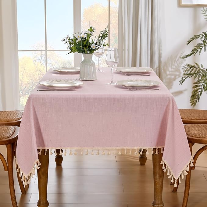 JIALE Valentines Textured Tablecloth, Heavy Duty Linen Style Farmhouse Table Cloth Rectangle Tables, Wrinkle-Free Washable Waterproof Table Cover for Kitchen, Dining, Parties, 55"x75", Pink
