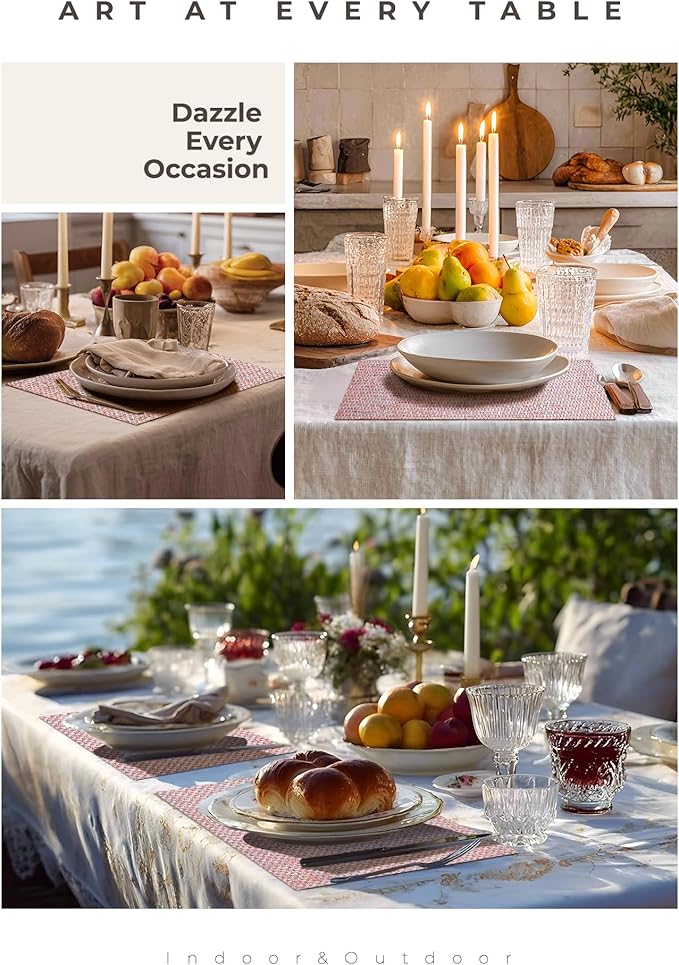 Leetaltree Luxury Pink Iridescent Placemats Set of 6 - Waterproof Washable for Wedding, Anniversary, Festive and Daily Use - Sparkling Table Mats Table Decor - Hand-Cut
