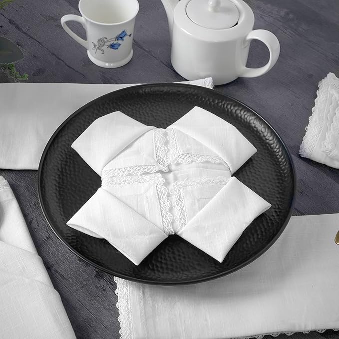 FINGERCRAFT Dinner Cloth Napkin Cotton Linen 4 Pack Vintage Rustic Premium Quality Mitered Corners Napkin Cloth with Elegant Lace for Everyday Use, Pre Shrunk and Good Absorbency 20x20 in White