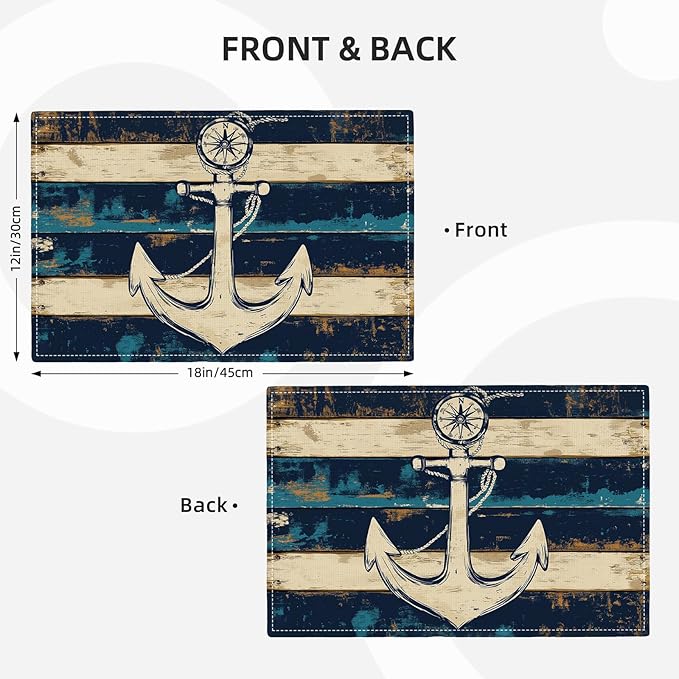 Nautical Placemats Set of 6, Coastal Anchor Place Mats, Rustic Beach Navy Blue Waterproof Washable Table Mats for Home Party Indoor Kitchen Dining Table Decoration 12x18 Inch