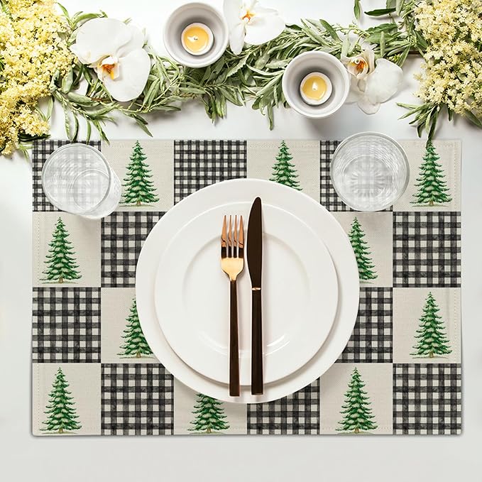 Winter Placemats Set of 4 - Black White Buffalo Plaid Tablemats 12 x 18 mas Tree Place Mats Set for Kitchen Dining Table
