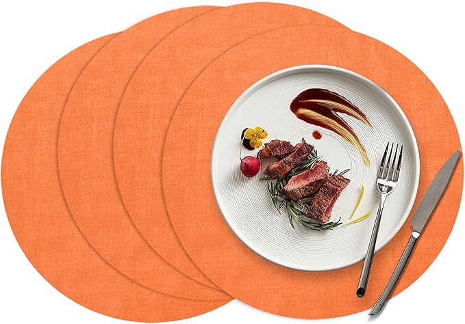 15 inch Faux Leather Round Placemats Set of 4 Non-Slip Washable Wipeable Table Mats, Heat Resistant Waterproof Oilproof Orange Place Mats for Kitchen, Dining, Party, Indoor, Outdoor