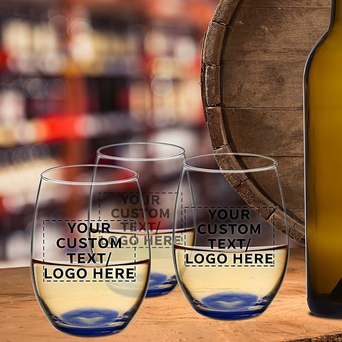 DISCOUNT PROMOS 50 ARC Stemless Wine Glasses Set, 21 oz. - Customizable Text, Logo - Chardonnay, Cabernet, Merlot, Sauvignon - Blue