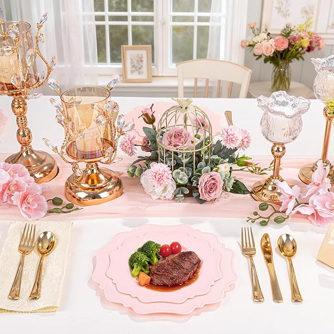COLOSUS 60pcs Pink Plastic Party Dinner Plates - 9.5 Inch- Heavy Duty Disposable Plastic Dinner Plates for Party Wedding and Everyday Use,Valentine's Day