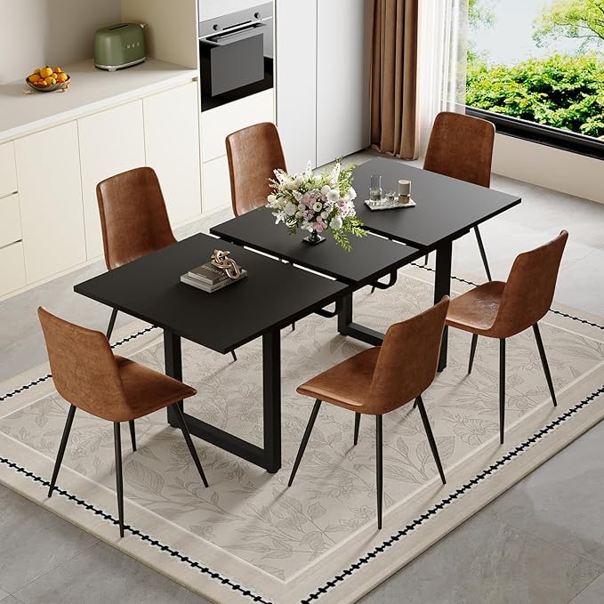 Extendable Dining Table Set for 4, 55"–71" Modern Black Kitchen Table with 4 Upholstered Chairs, Space-Saving for Living Room Apartment, Sturdy & Comfortable, Easy Assembly