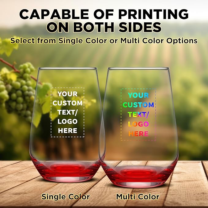 DISCOUNT PROMOS 50 Vaso Silicia Stemless Wine Glasses Set, 16 oz. - Personalized Text, Logo - Clear, Orb-Like, Thick base - Red