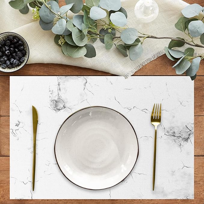 Marble Printed Placemats Set of 4 White Grey Elegant Marbling Place Mats Washable Rectangular Table Mats for Party Home Kitchen Restaurant Dining Table Decor 12x18 Inch