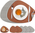 Placemats and Coasters, Washable Placemats Round Faux Leather Wipeable Place Mats Non Slip Heat Resistant Indoor Outdoor Table Mats (Set of 6, Light Gray Reddish Brown)