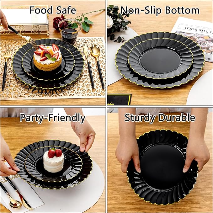 Ciaell 175 PCS Black Scalloped Plastic Plates with Gold Trim - Black Plastic Silverware with Handle - Fancy High-End Dinnerware Sets for Wedding & Party