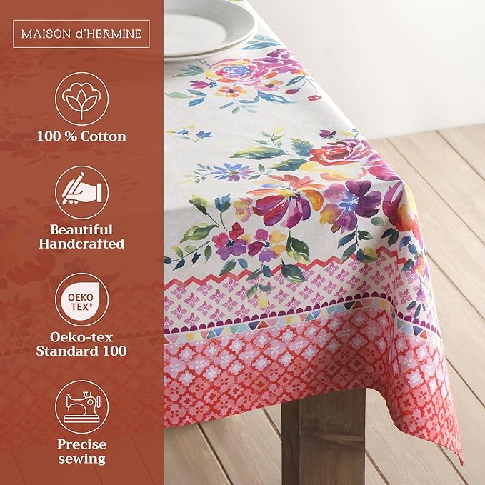 Maison d' Hermine Table Cloth Rectangle Table 100% Cotton 54 x 72 Inches Tablecloth Reusable Decorative for Dining Room Farmhouse Home Valentines Day Decorations Spring Summer - Rose Garden