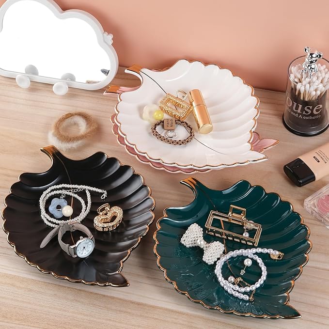 VanEnjoy Candy Dishes Decorative, Key Bowl for Entryway Table, Green Ceramic Bowl Decorative, Decorative Bowl for Keys, Leaf Jewelry Plate Tray