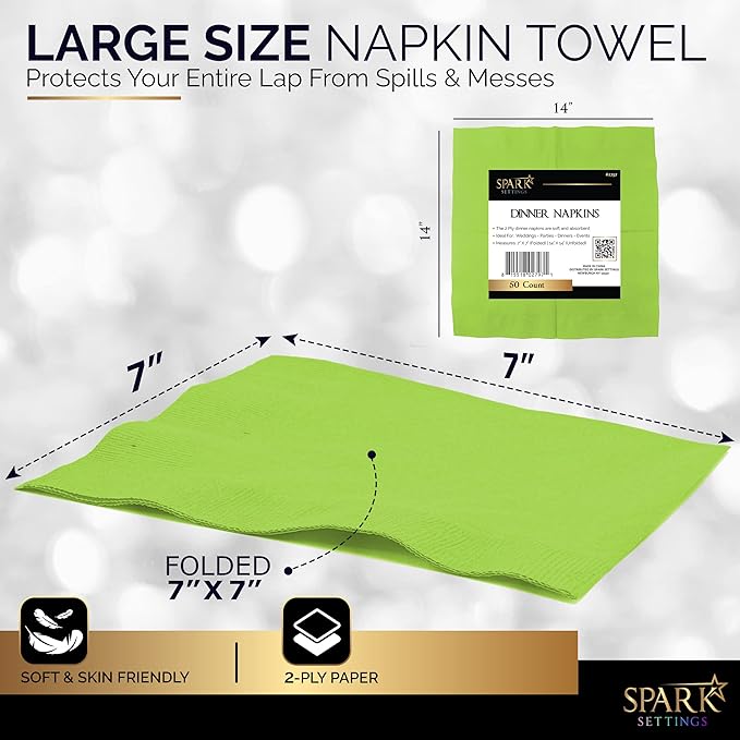 Big Party Pack 40 Count Kiwi Green Dinner Napkins Tableware- Ideal for Wedding, Party, Birthday, Dinner, Lunch, Cocktails. (7” x 7”)