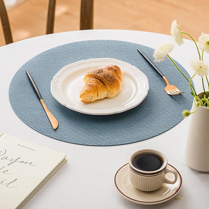 Jovono 15" Faux Leather Big Round Placemats Set of 4 - Washable Heat Resistant Non-Slip Dining Table Mats with Fabric Texture for Kitchen Home Party Decor, Light Blue