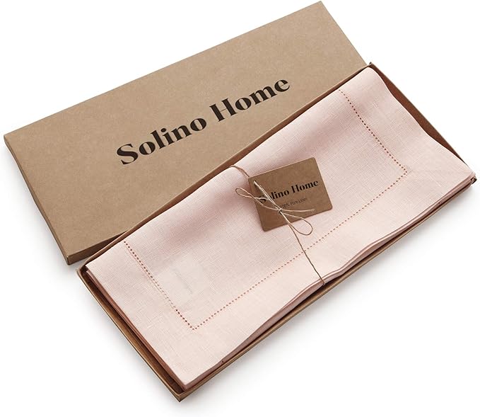 Solino Home Linen Pink Table Runner 60 Inches - Classic Hemstitch, 100% Pure Linen Coffee Table Runner 14 x 60 Inch Ideal for Dresser Tables - Valentines, Spring, Easter