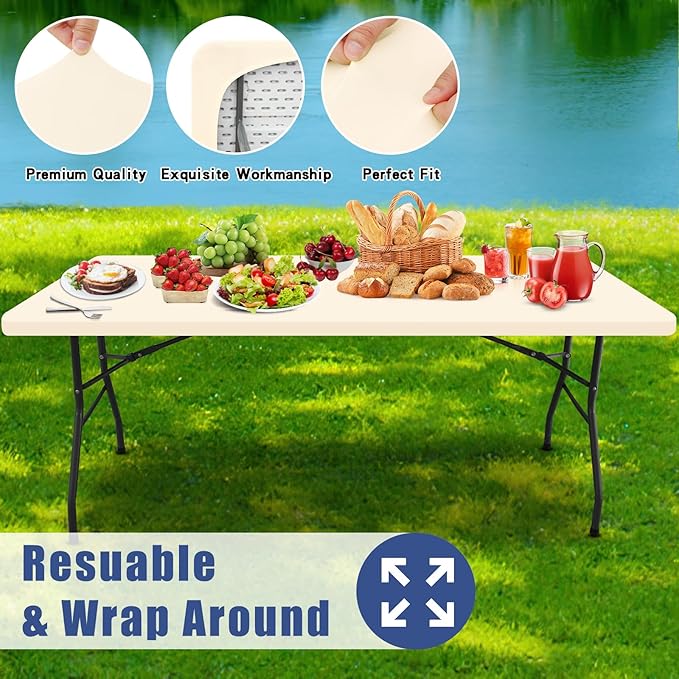 Spandex 6 Foot Rectangle Table Cloth 2 Pack, Elastic Fitted Tablecloths for Picnic, Stretch Washable Patio Table Cover for Outdoor, Camping, Banquet and Parties (Champagne, 36"x72")