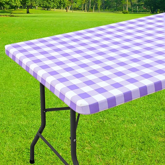 Smiry Rectangle Picnic Table Cloth, Elastic Waterproof Fitted Vinyl Tablecloths, Flannel Backed Buffalo Plaid Table Covers for Dining, Camping, Outdoor (White and Purple, 30" x 72")