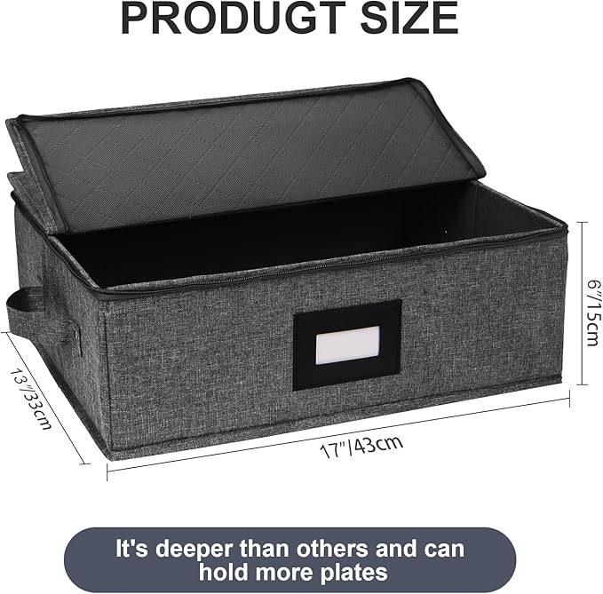 China Storage Containers 2 Pack, Platter Storage Containers 17" x 13" x 6" for Dinnerware Storage and Transport, 5 Felt Dividers Included, Structured Top and Stackable (Black)
