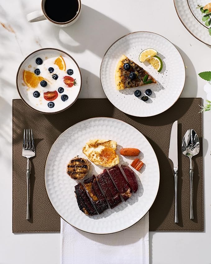 Famiware Eden Plates and Bowls Sets, Stoneware Dinnerware Sets with Gold Trim, 12 Pieces Dishes Set for 4 - Chip and Scratch Resistant, Microwave and Dishwasher Safe, White Circle