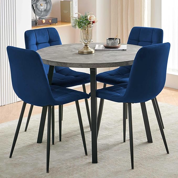 5-Piece Round Dining Table Set for 4, Grey Engineered Wood Coffee Breakfast Table with Hooks, 4 Soft Velvet Kitchen Dining Chairs, Metal Legs