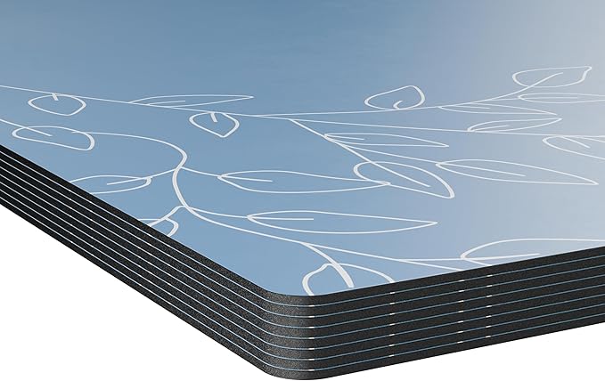 Royalty Art Dark Steel Blue Boho Placemats, 4 Pc. Set, Non-Slip Cork Backed, Wipeable Heat Resistant Surface for Kitchen and Dining Table Protection, Cute Floral Pattern for Farmhouse or Rustic Decor