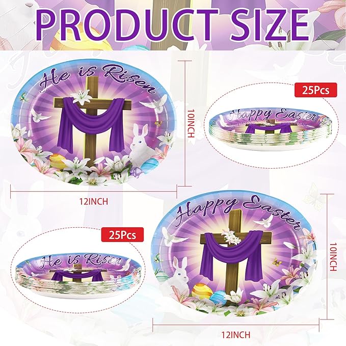 50PCS He is Risen Oval Paper Plates 10" X 12" Disposable Easter Jesus Plates Happy Easter Paper Plates Cross Easter Tableware for Spring Lily Floral Religion Christ Easter Day Party Decorations