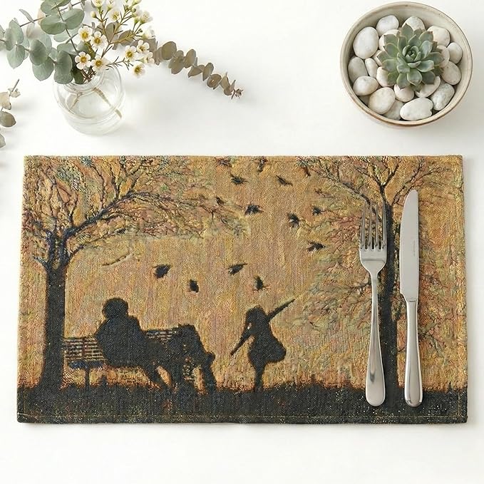 DaDalogy Farmhouse Rustic Dining Placemats - Set of 4 Tapestry Woven Cotton Halloween Kitchen Table Mats Fall Silhouette Decor - Family Cozy Cabin Orange Tan Black Decorative - 13” x 19”