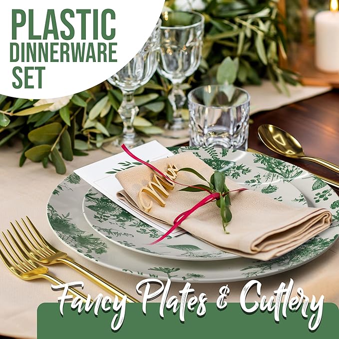 Trendables Fancy Plastic Dinnerware Sets 200 Pc Set 40 Guests Gold Silverware Disposable 40 X 10 Inch Charger Plates 40 X 8 Inch Dessert Plates 40 x Gold Plastic Forks and Spoons Knives In Verdure