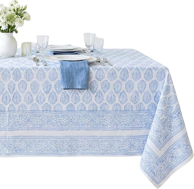 ATOSII Amalfi 100% Cotton Boho Rectangle Fall Tablecloth, Handblock Print Table Cloth for Kitchen I Dining Table Linen Fall Décor I Parties Wedding Outdoor Christmas Thanksgiving I 60 X 108 Inches