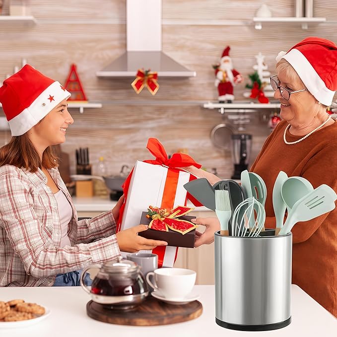 Kitchen Utensil Holder Extra Large 360°Rotating For Counter Organizer Stainless Steel Storage Cooking Silverware Caddy 3 Compartment Flatware Spoon Spatula Tool Cutlery Container（Silvery）