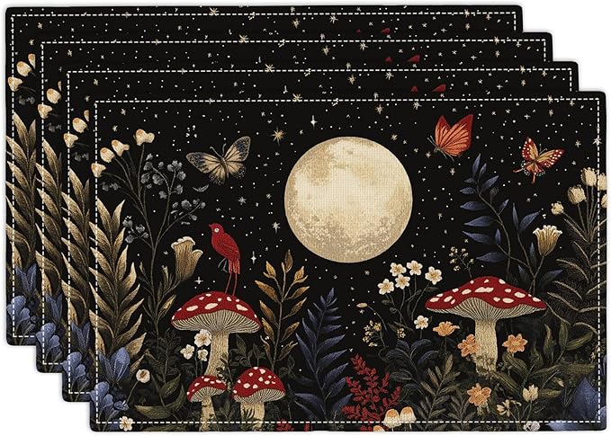 Mushroom Botanical Placemats Set of 4, Mushroom Plants Leaves Butterfly Place Mats, Moon Waterproof Washable Table Mats for Home Party Indoor Kitchen Dining Table Decoration 12x18 Inch